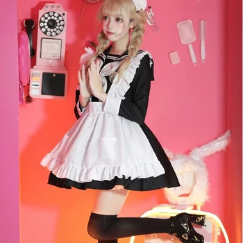 Helovinas Moterų Derliaus Lolita Tarnaitė Princesė Dress Žaidimas Anime Sailor Cosplay Kostiumų Juoda Balta Ilgomis Rankovėmis Prijuostė Kambarinės Uniforma