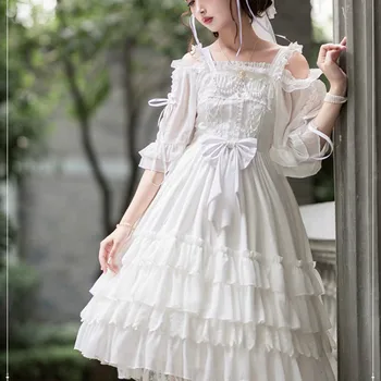 Japonijos Moterys Saldus Lolita Jsk Suknelė Viktorijos Renesanso Elegantiškas Lankas Raukiniai, Nėriniai Arbata Šalis Dress Mergaitė Princesė Vestuvių Suknelė