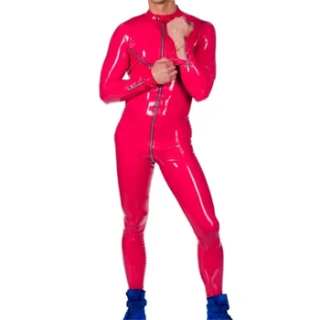 Latekso Catsuit Gumos Bodysuit Red Jumpsuit W/o Kojinės Priekiniai Tarpkojo Krūtinės Riešo, Čiurnos Užtrauktukas