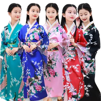 2022 8Color Tradicinių Kimono Japonijos Merginos Azijos Obi Šilko Suknelė Spausdinti Povas ilgomis Rankovėmis Mados Haori Drabužiai Vaikams, Suknelės