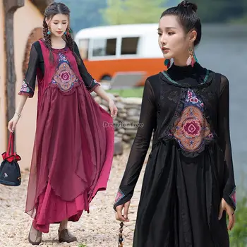 2023 kinijos etninės stiliaus naujas siūlės siuvinėjimo vest nereguliarus hemline dizaino prarasti atsitiktinis nacionalinės elegantiška, ilga suknelė s193