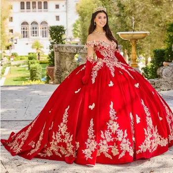 Raudona 3D Drugelis Princesė Quinceanera Suknelės Kamuolys Suknelė nuo Peties Aukso Appliques Korsetas Saldus 15 Vestidos De XV Años