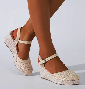 LIHUAMAO Ispanija stiliaus Smėlio spalvos akių komfortą pleištai platforma sandalai moterims espadrilles kulno siurbliai, komfortą csaual batai