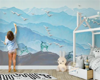 Individualizuotos fono paveikslėlį modernus trimatis aliejaus tapybai paramos briedžių paukščių vaikų kambario foną sienų apdailai tapybos freskos