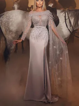 Elegantiška, Undinėlės Vakaro Suknelės ilgomis Rankovėmis, Aukštu Kaklu Blizgančiais Appliques 3D Nėrinių Satino Pusėje Ritininės Karoliukai Prom Dresses Užsakymą