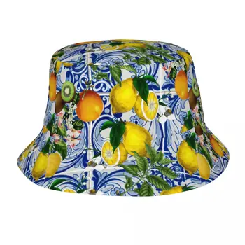 Viduržemio Jūros Citrinos Mėlynos Keraminės Plytelės Unisex Kibirą Skrybėlės Pritaikyti Vasaros Kelionių Paplūdimio Vasaros Citrusinių Vaisių Skrybėlę