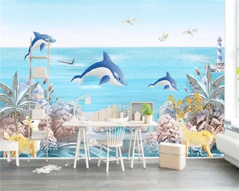 Šiaurės šalių šiuolaikinio minimalistinio paramos trimatis vandenyno delfinų miegamajame sofos fono sienos dekoratyvinis dažymas sienų tapetai