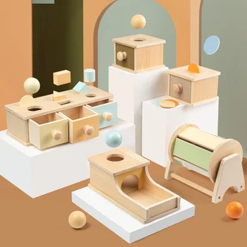 Montessori Medinių Stalčių Žaislas 3D Puzzle Macaron Spalvos Kamuolys Tikslo Pitching Lauke Monetų Dėžutė Tekstilės ir Būgno Montessori Švietimo Žaislas