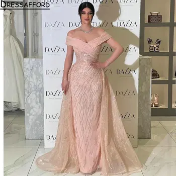 Blush Pink Blizgučiais Duobute Dubajus Vakaro Suknelės Undinė Nuo Peties Tiulio Klostyti Saudo Arabų Oficialią Šalies Suknelė