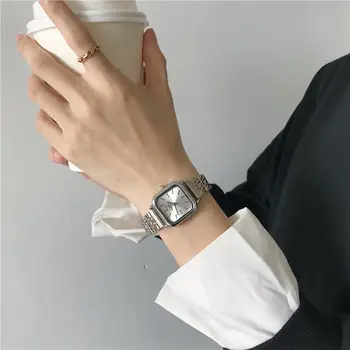 Prabangių Mados Aikštė Moterų Laikrodžiai Prekės Ponios Kvarcinis Laikrodis Klasikinis Sidabro Paprasta Femme Plieno Juosta relogio feminino