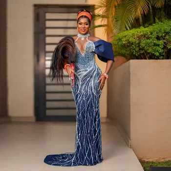 Tamsiai Mėlyna Afrikos Aso Ebi Promenadzie Suknelė Prabanga Duobute Nėrinių Undinė Oficialią Vakaro Suknelės Nigerijos Vestuvių Svečių Suknelė Asoebi Suknelė
