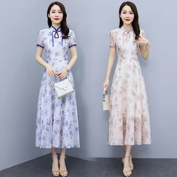 Kinų Stiliaus Stand-up Apykaklės Suknelė Elegantiškas Temperamentas Pagerėjo Cheongsam Seksualus-line Sijonas Atspausdintas Šifono Moterų Vestidos