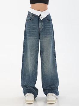 2023 Moterų Harajuku Mėlyna Plauti Baggy Jeans Džinsai Ilgos Kelnės Dizaino, Platus Kojos Kelnės Vintage Mados Naujų Streetwear Grunge Stiliumi