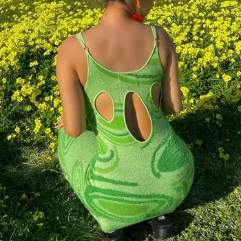Paisley Atgal Tuščiaviduriai Iš Megztos Suknelės Moterims Vasaros Mados Atsitiktinis Atostogų Elegantiškas Spageti Dirželis Žalia Maxi Suknelė 2023