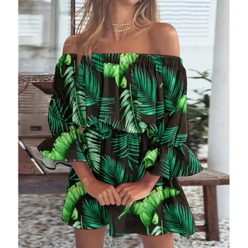 Vasaros Sexy Diržas Atostogų Gėlių Spausdinti Moterų Suknelės, Mados Off Peties Sundress Suknelė Elegantiškas Šifono-Line Paplūdimio Boho Sijonas