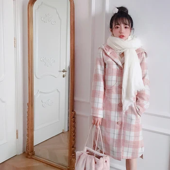 Princesė saldus lolita kailis Bobon21 Japanese girl ' s sweet pink grotelės Šiltas ir pliušinis vilnos gobtuvu ilgai mados kailis C1680