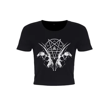 Y2k Gothic Black Moterų trumpomis rankovėmis marškinėliai Velnias Spausdinti Vasarą pasėlių viršų Emo Streetwear Harajuku Derliaus Moters drabužius Viršų