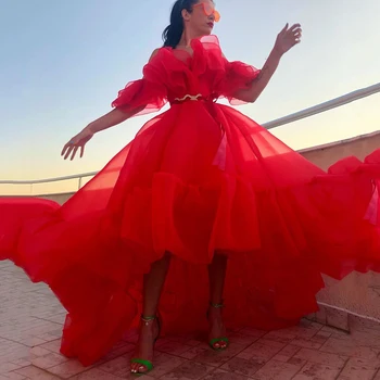 Raudonos spalvos Organza Vakaro Suknelės 2021 nuo Peties-Line Prom Chalatai Paprasta Seksualus Hi-Lo Aukštos Kokybės Šalis Suknelė rūbeliai de soirée
