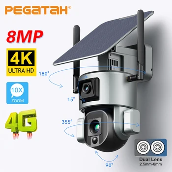 PEGATAH 8MP 4G Wifi Saulės Kamera, Wireless 4K Dvigubas Objektyvas 4X, 10X, Saulės Skydelis Žmogaus Aptikimo PTZ Stebėjimo Lauko ip Kameros