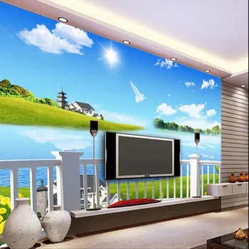 wellyu Užsakymą didelio masto freskomis Svajonė Ežero 3d mėlynas dangus ir baltas vila TV foną, neaustinių ekrano užsklanda papel de parede