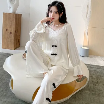 Ilgas rankovėmis pižama nustatyti moterų ledo šilko naujas Kinų stiliaus moterų namų drabužių satino nightdress moteris