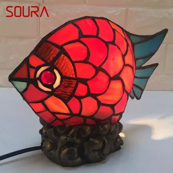 SOURA Tiffany Stiklo Stalo Lempa LED Kūrybos Naujovė Raudona Mažos Žuvys Stalas Šviesos Studijų Miegamojo Lovos Dekoras