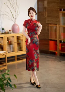 Derliaus Spausdinti Satino Mandarinų Apykaklės Qipao Tradicinės Kinų Elegantiškas Trumpas Rankovės Cheongsam Suknelė