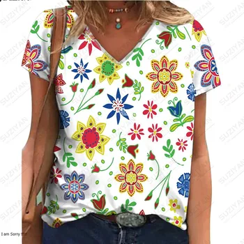 Nauji karšto pardavimo mados trumpas rankovėmis V-kaklo marškinėliai su atsitiktinis ir elegantiškas spausdinti paplūdimio moterų trumpas rankovėmis kvėpuojantis viršų