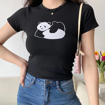 Paprastų Panda Anime Spausdinti Kietas Trumpas Rankovės O Kaklo Pasėlių Viršų Moteriška Vasaros Harajuku Derliaus Kawaii Juoda Marškinėlius Moterims 2021