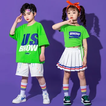 Vaikas Kpop Hip-Hop Show Cheerleaders Drabužių Žalia Marškinėlius Viršūnes Tee Streetwear Šortai, Sijonas Mergaitėms Berniukai Džiazo Šokio Kostiumai