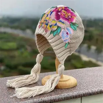2023 kinijos etninės stiliaus siuvinėjimų moterų rudenį ir žiemą storas šiltas ausų apsaugos vilnos skrybėlę, mezgimo retro stiliaus galvos apdangalai
