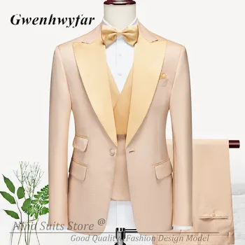 G&N 2023 Italijos Dizaino Blush Pink Vyrų Smokingas Bangų Modelį Bridegrrom Vestuvių Kostiumai Aukso Atvartas, 3 Atvartai Kišenėje Švarkas Kelnės, Liemenė