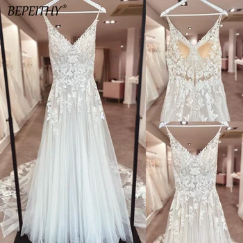 Stilingas V-Kaklo Backless Vestuvių Suknelė Gražus Appliqued Vestuvinės Suknelės Spagečiai Dirželiai Nėrinių Vestuvių Suknelės Brides
