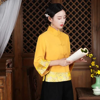Kinija Striukė Moterims Tango Kostiumas Viršuje Kinijos Tradicinės Aprangos Elegancija Derliaus Nacionalinės Stiliaus Mados Modernus Raudonas Geltonas Paltas