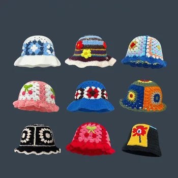 22 spalvų, Rankomis austi skrybėlę derliaus tuščiaviduriai iš gėlių rankų darbo megzti baseino skrybėlę moterų joker crochted vilnos kepurės mergaitėms dovanų