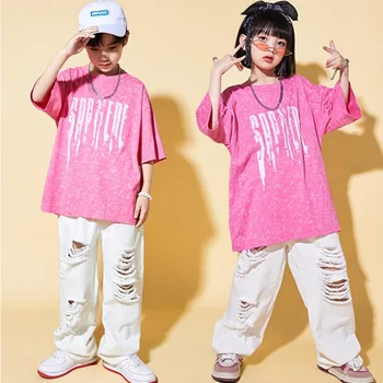 Vaikai Gatvėje Apranga Hip-Hop Drabužių Rožinė Negabaritinių Marškinėlius Baggy Baltos spalvos Džinsinio audinio Kelnės Girl Berniukas Džiazo Šokio Kostiumas Paauglių Drabužių