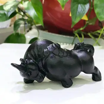 Natūralus Juodas Obsidianas Bull Kristalų Išraižytas Akmuo Gyvūnų Statula Gydymo Energija Akmens Amatų Namų Apdailos 1pcs
