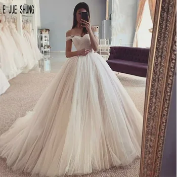 E JUE SHUNG Elegantiškas Klostyti Tiulio Vestuvių Suknelės Off Peties Nėriniai Atgal Su Crystal Vestido de Novia Princesė Vestuvių Suknelės