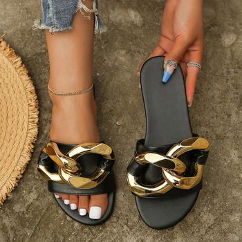 Moterų Plius Dydžio Šlepetes 2023 Vasarą Naujas Mados Metalo Grandinės Aikštėje Toe Flat Bateliai Ponios Atsitiktinis Sexy Sandalai Zapatos De Mujer