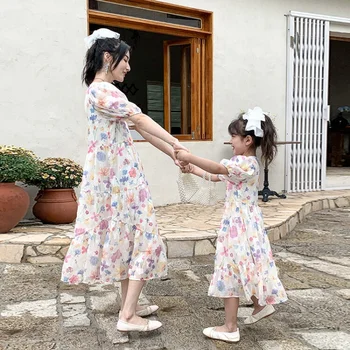 Mama ir Dukra Suknelė 2023 Naujas Šeimos derinti Drabužius Vasarą Saldus prancūziškas Stilius Derliaus Gėlių Suknelė Vaikams Drabužių Mergina