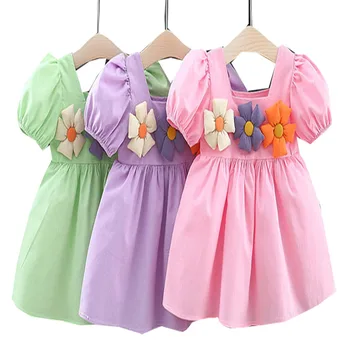 3-8Y Naujas Vasaros Suknelės Mergaitėms Mielas Gėlių Princesė Sluoksniuotos Rankovėmis Beach Dressvestidos Vaikams, Rožinė, Violetinė Žalia apranga