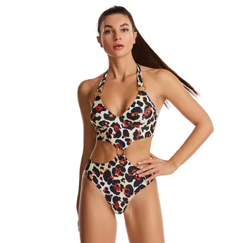 Naujas Moterų vientisas Seksualus maudymosi kostiumėlį Kabinti ant Kaklo Backless išskaptuotas leopardas Spausdinti maudymosi kostiumėlį