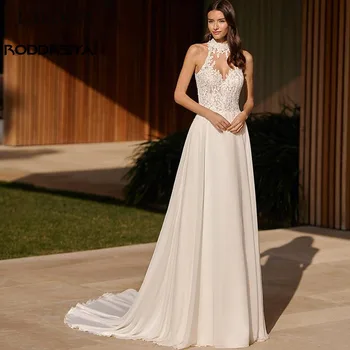 RODDRSYA Classic-Line Aukštos Kaklo Vestuvių Suknelės 2023 Elegantiška Berankovė Nėrinių Appliques Atvira nugara Vestuvinės Suknelės pagal Užsakymą