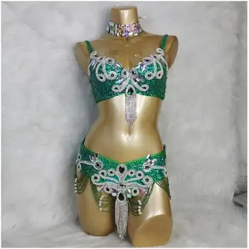 Samba rodyti Kristalų Pilvo Šokio Kostiumų bikini Dėvėti Juosta+Diržas, 2vnt Nustatyti Ponios Bellydancing Kostiumai Karnavaliniai moterų gogo kostiumai