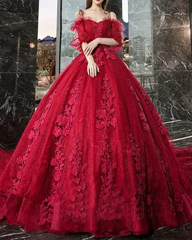 Prabangus Vyno raudono Tiulio Kamuolys Suknelė Vestuvių Nuotakos suknelė Spagečiai Dirželiai brangioji Neckine Kamuolys Suknelė Teismas Traukinio chalatas de mariage