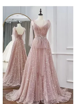 Vestuves Blush Pink Prom Dresses-Line Spagečiai Dirželiai Pearl Duobute Kristalų Blizgančiais Raukšlių Įžymybė Vakare Gown