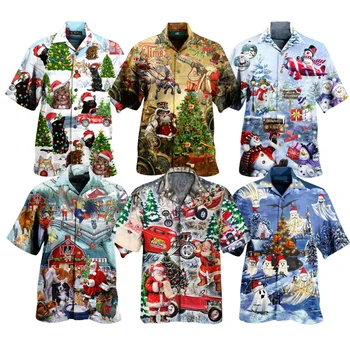 Plus Size Naujas Vasaros Visų Rungtynių Atsitiktinis Atvartas Trumpas Rankovėmis Megztinis Kalėdų Elementas Spausdinimo Tendencija Vyrų Havajų Marškinėliai