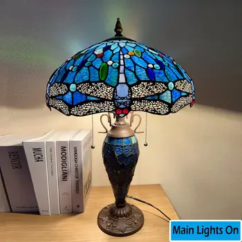 Tiffany Stalo Lempa, 3-Šviesos su naktinė lempa Kaimiškas Antikvariniai Mėlyna Dragonfly Stiliaus Stalas Šviesos Namų Biuro, svetainė, Miegamojo