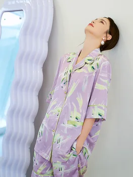 2VNT Spausdinti Moterų Pižama Rinkiniai Seksualus Viskozė Turn-Žemyn Lounge Pižamos Kostiumas Sleepwear naktiniai drabužiai Vasarą Apatinius Laisvi Namų Drabužiai