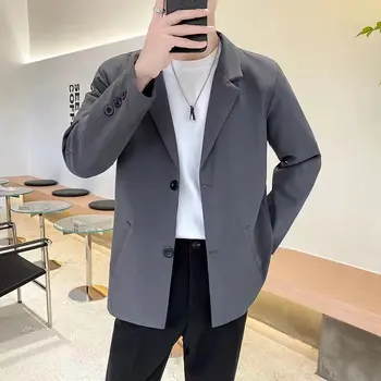Mados Naujausias Vyrų Švarkas Korėjos Stiliaus Vientisa Spalva Streetwear Atvartas Atsitiktinis Ilgomis Rankovėmis Slim Fit Tinka Mygtuką Vyrų Plonos Striukės